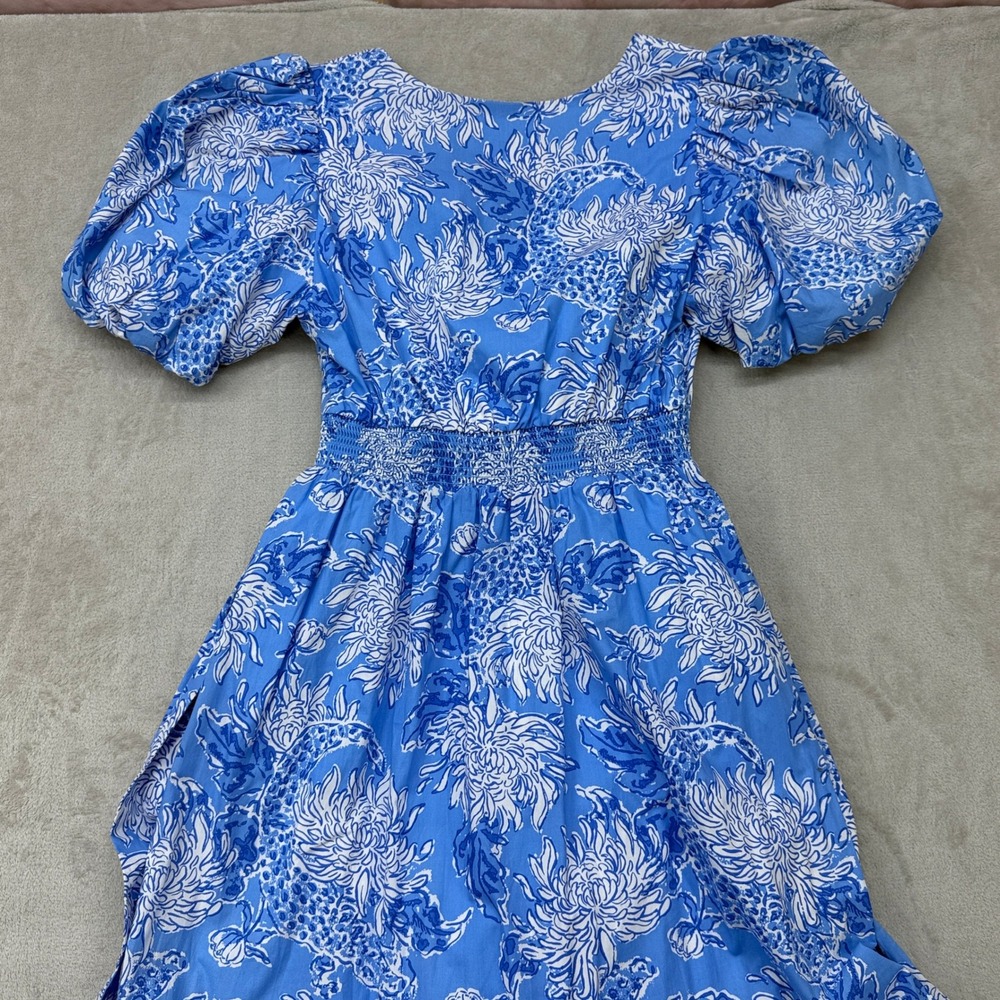 Lilly Pulitzer Ezralyn Maxi Dress Womens 00 Boca Blue Floral Puff Sleeve Cotton - Picture 6 of 14
